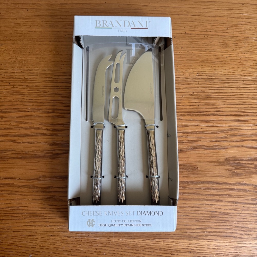 Brandani Diamond Cheese Knife Set 3pc Stainless Steel Hammered Silver Italy NEW